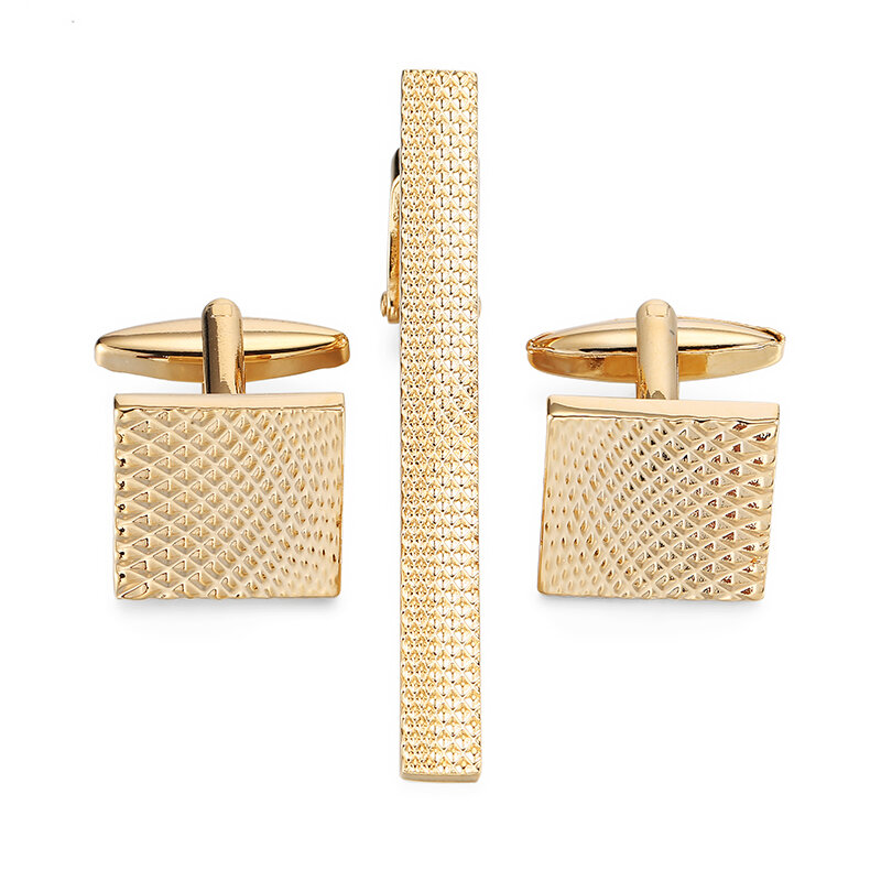 WN A set of high quality fashion men hand carved gold square patterned tie clip Cufflinks set free shipping