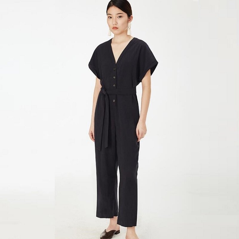 Loose Casual Jumpsuit 2019 Summer Buttons Overalls V Neck Short Sleeve Womens Playsuit Elegant Jumpsuits For Women 2019 DD2188