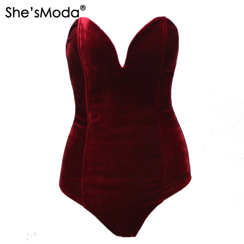 She'sModa Velvet Wrapped Chest Playsuit V-neck Backless Hollow Cross Strappy Sleeveless Women's bodysuit jumpsuit