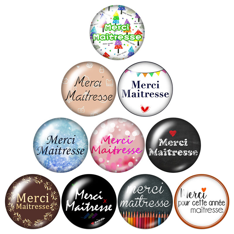 French Merci Maitresse Words 10pcs mixed 12mm/16mm/18mm/25mm Round photo glass cabochon demo flat back Making findings