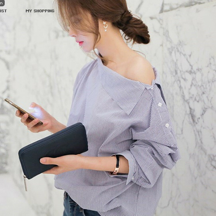 2018 verão nova cor personalizada camisa ocasional oblíqua botão do colarinho manga morcego moda das mulheres camisa feminina camisa solta L31