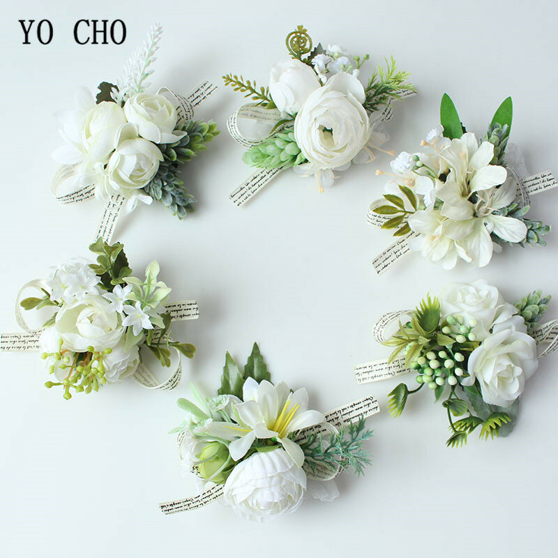 YO CHO-ramo de Flores de seda hecho a mano para novia, alfiler de ramillete para decoración de damas de honor, color blanco