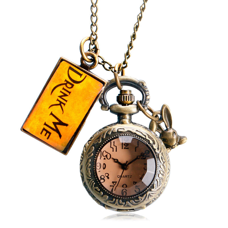 Винтажные карманные часы в стиле ретро с бронзовым кулоном, маленькие милые ожерелья с биркой «напиток», цепочка, топ, модные подарки для девушек и женщин