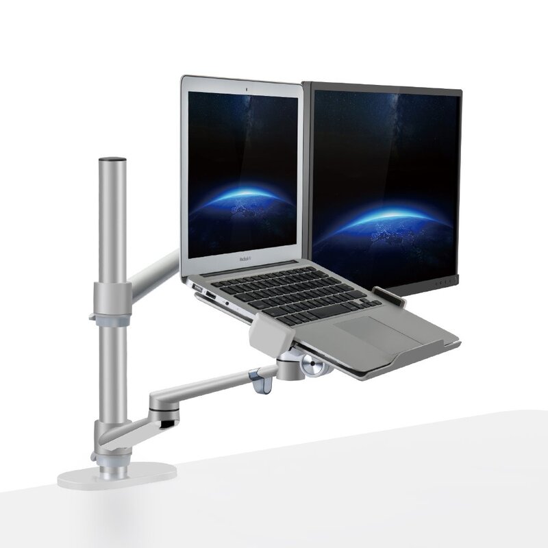 OL-3L aluminiowa wysokość regulowany pulpit podwójne ramię 17-32 cal uchwyt monitora + 12-17 cal uchwyt na laptopa stojak pełnoekranowy ramię montażowe