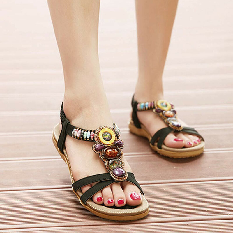 Nuevas mujeres Sanda moda dulce con cuentas Clip de dedos planos bohemios espiga sandalias antideslizantes suelas de goma zapatos de verano sólidos 2019