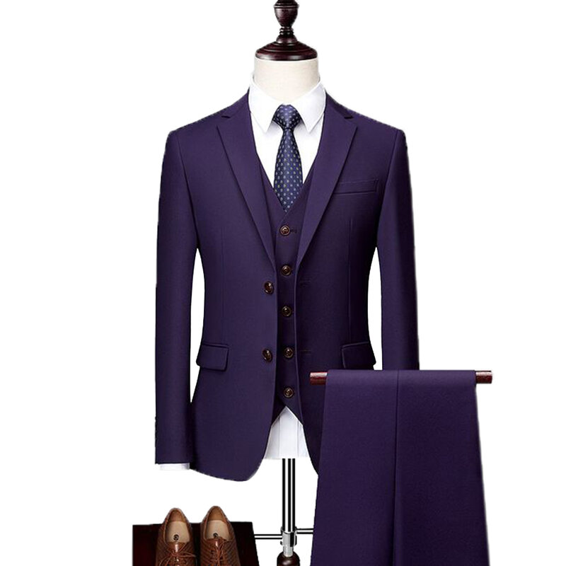 Мужской деловой костюм из трех предметов, облегающие смокинг с вырезом на воротнике и двумя пуговицами для жениха (Блейзер + жилет + брюки)