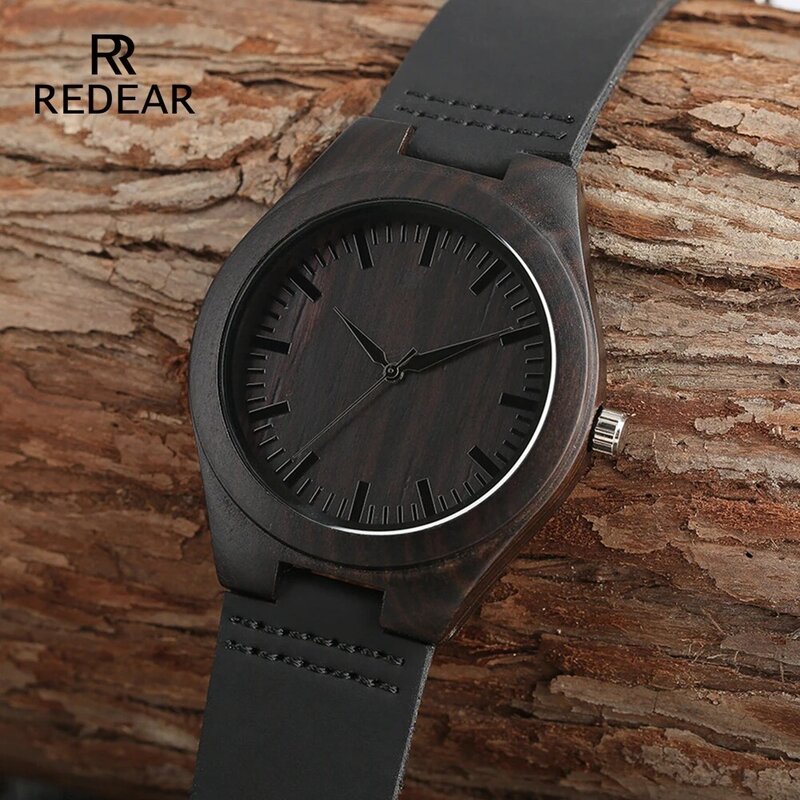 Classic Black Sandalwood Mens Watch Leather Strap Quartz Watch Lightweight Gift Watches Women Or Men Without LOGO