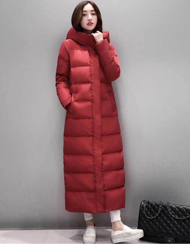 Doudoune épaisse à capuche pour femme, manteau très long, noir, rouge, fermeture éclair, garde au chaud, hiver