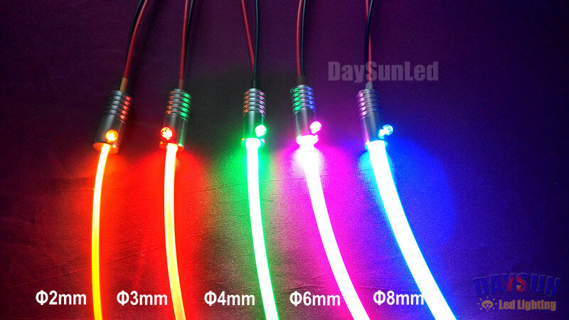 Luz de led 12v dc 2w com 9 cores, mini iluminador led emissor de luz lateral que brilha e fibra ótica para uso doméstico