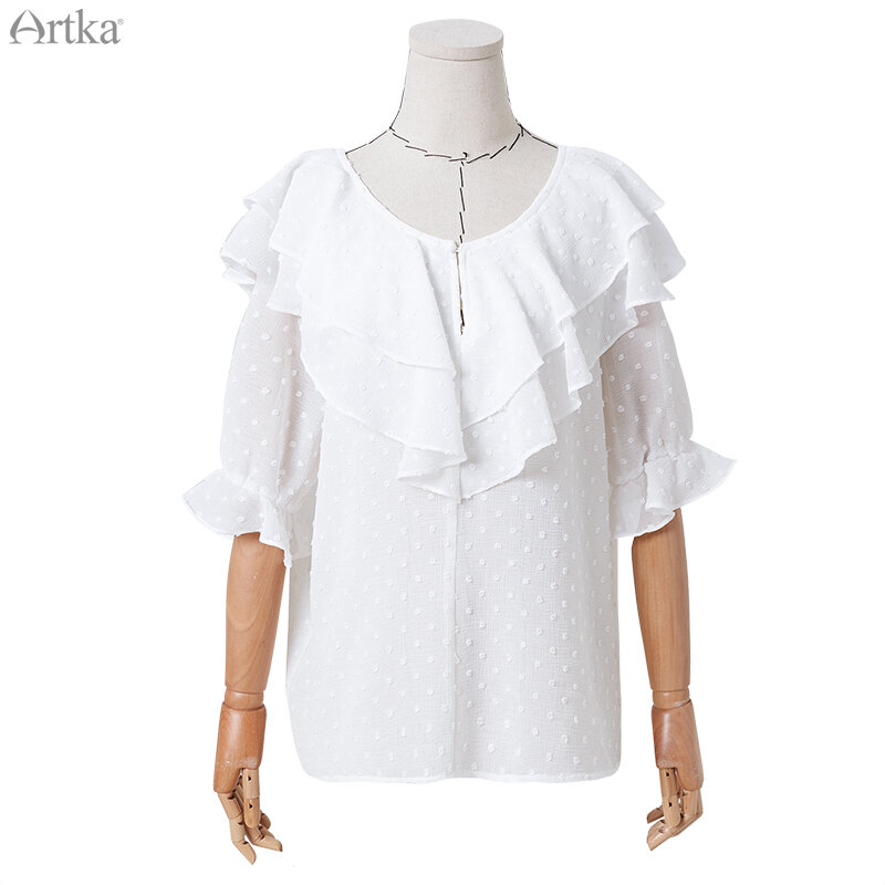 ARTKA-Blusa de gasa con volantes para verano, camisa de media manga con cuello redondo, elegante, SA11395X, 2019