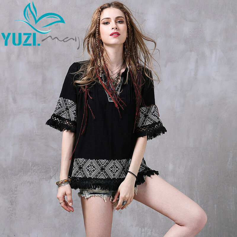 Женские блузки 2017 Yuzi.may Boho новые хлопковые льняные блузы с V-образным вырезом свободные вышитые кисточки женские топы B9215 рубашки для женщин