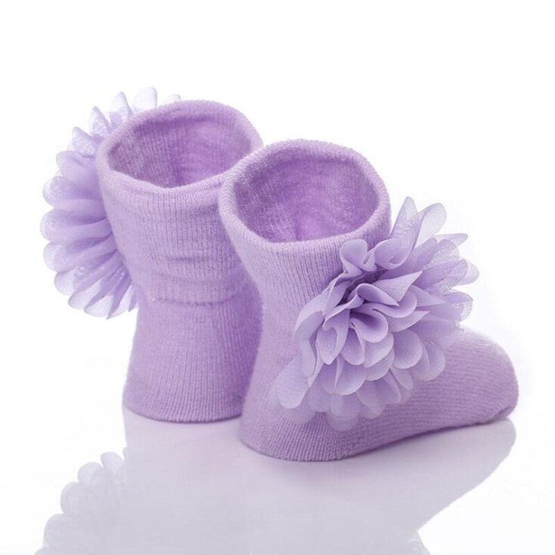 Meias flores de chiffon de algodão para bebê, meias de meninas floridas da moda