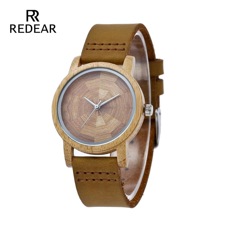 Relojes de bambú con logotipo personalizado OEM, correa de cuero marrón sin escala, relojes deportivos para regalo de amor