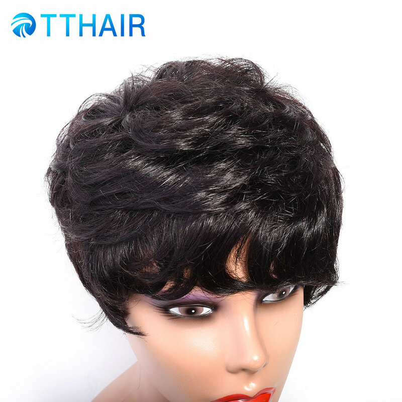 TTHAIR Short Bob Human Hair Wigs For Women Natural Wave Natural Color   Remy 100% Human Hair Machine Made Rose Net Wigs