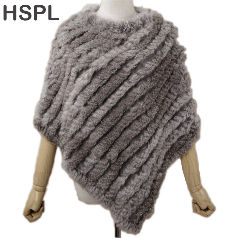 HSPL Fur Poncho 2022 Autumn Real Rabbit Hot Sale Triangle Knitted Women Pullover Lady Pashmina Wrap poncho pele de coelho