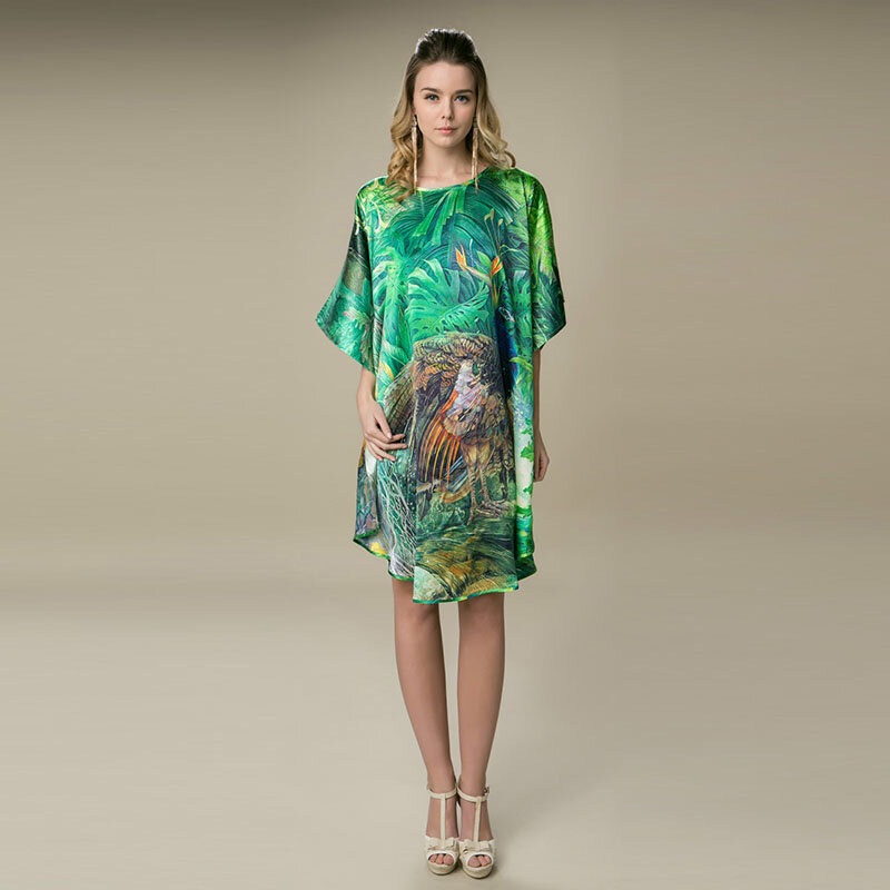 100% satyna jedwabna sukienka naturalny jedwab kobiety sukienki Plus rozmiar koszula nocna domowa cyfrowy sukienka z nadrukiem kolor zielony darmowa wysyłka