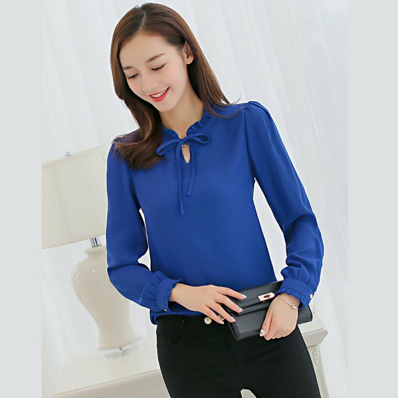 Wiosenne damskie niebieskie koszule z długim rękawem stoją kołnierz bluzki z kokardką eleganckie damskie szyfonowe bluzki topy moda odzież do pracy biurowej