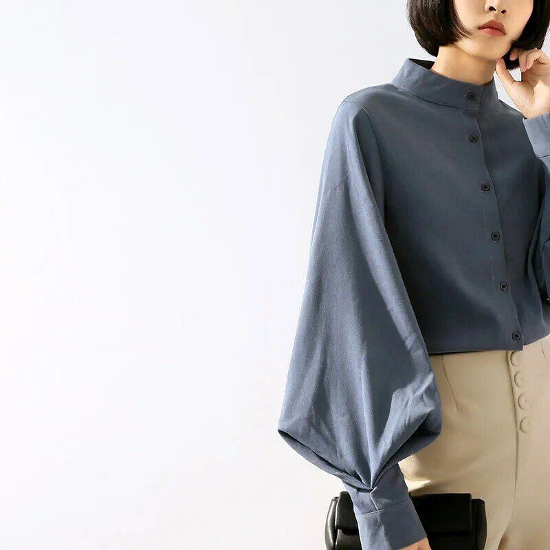 Blusa feminina manga longa e larga com lanterna, blusa vintage gola alta de botão, camisas femininas da moda, primavera 2019