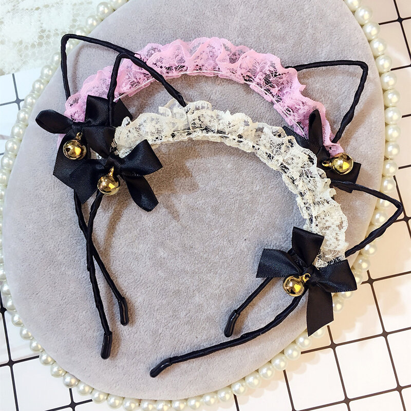 Sweet Lace Chiffons Ribbon Bow Cat Ears Hearband Cute Bell Hair Hoop Children's Headdress Tools Girls Women Headwear