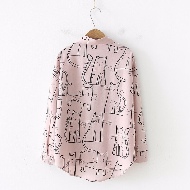 Blusa de manga comprida estampada de gato desenho animado, camisa folgada com gola virada para baixo para meninas, tamanho grande, t93905f, novo, 2019