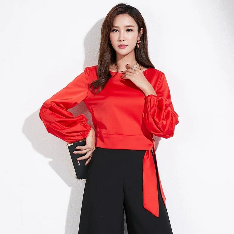 サテンソリッド韓国ファッションの女性の服 2019 バルーンスリーブレースアップ女性のシャツ作業服かわいいレディーストップスとブラウス DD2119
