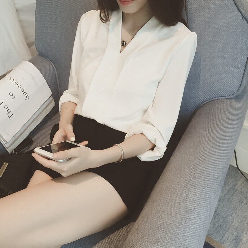 Camisa casual feminina com gola v, camisa de chiffon para escritório com manga comprida, gola v fina h9133, para primavera e outono