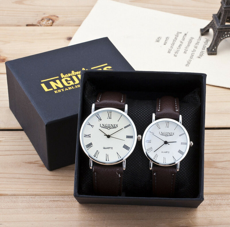 2 pçs moda casais relógio masculino mulher relógios pulseira de couro quartzo relógios de pulso senhoras luxo casal relógio dia dos namorados presente