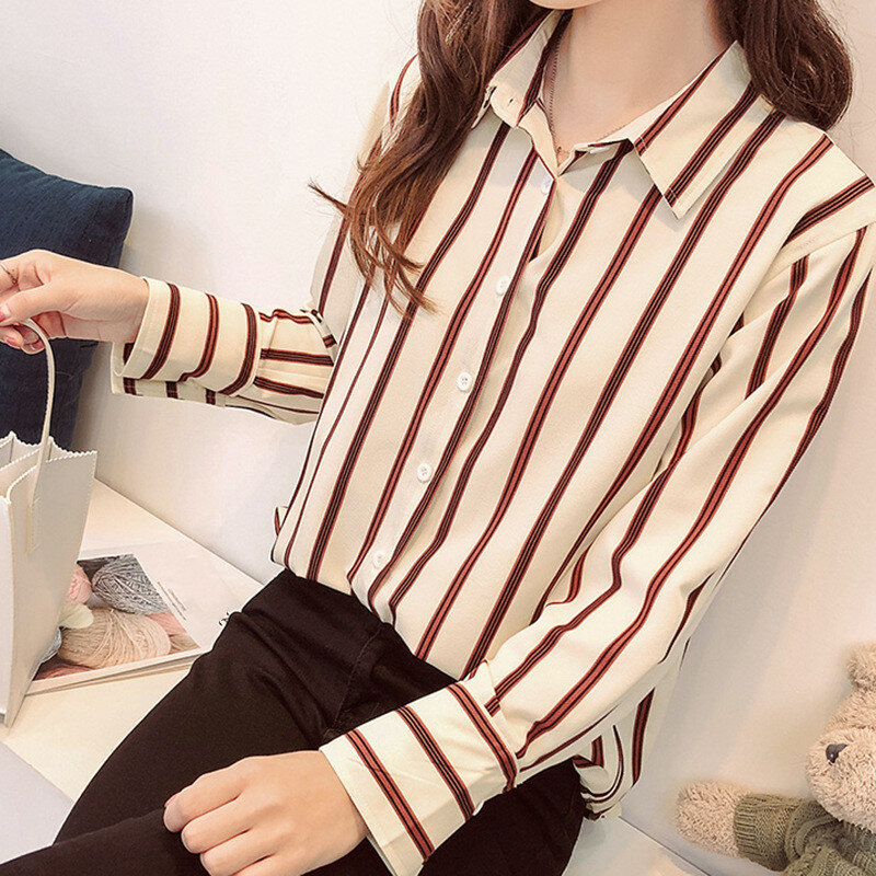 Primavera otoño mujer camisa desgaste nuevo Europeo Americano suelta ocio rayas blusas señoras Simple moda manga larga Top H9055