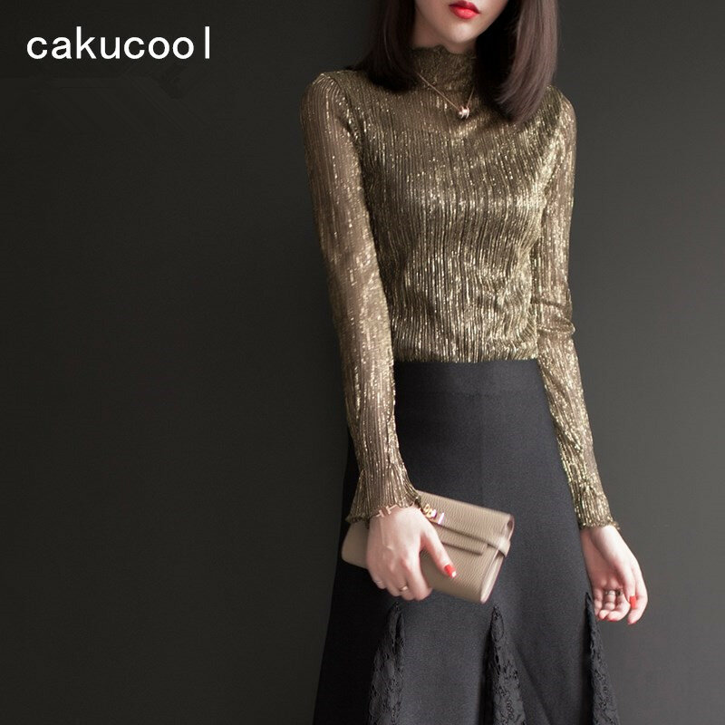 Cakucool-Blusa de manga larga con cuello levantado para mujer, camisa básica de encaje de malla delgada, forro polar brillante, color dorado