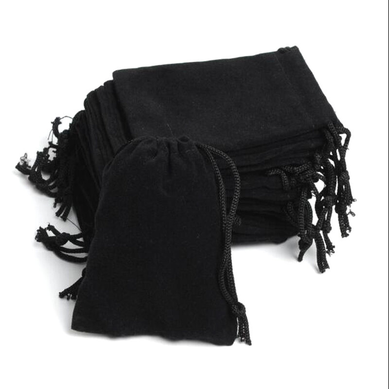 Bolsa de terciopelo negro con cordón, bolsa de regalo, embalaje de joyería, exhibición, 7x9cm, 10x12cm, 10x15cm, 12x16cm, 1 lote