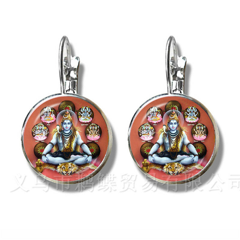Classic India Earrings God Brahma,Vishnu, Lord Shiva Jewelry 16mm Glass Cabochon Silver Plated Stud Ear Religion Jewelry Gift