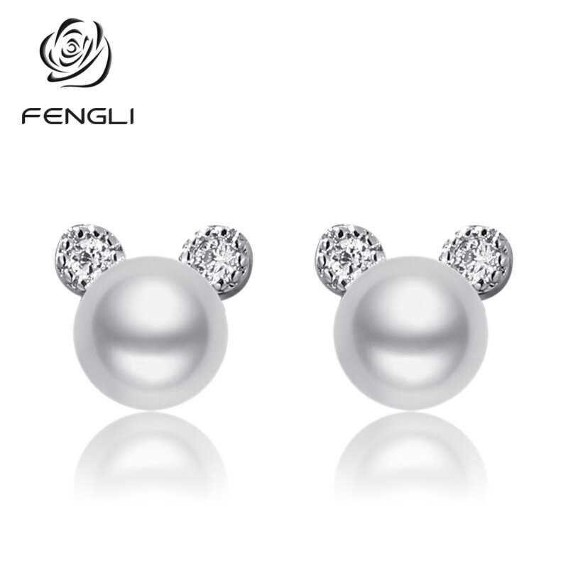 FENGLI Pearl Tiny Mickey Stud Earrings Romantic Mouse Earring for Women Crystal Zircon Studs Ear Jewelry Lucky Prevent Allergy