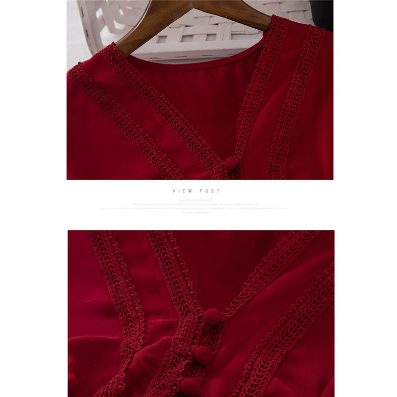 Blusa feminina longa de renda vazada e sensual, camiseta curta de renda com babados e decote em v ab1243, para primavera