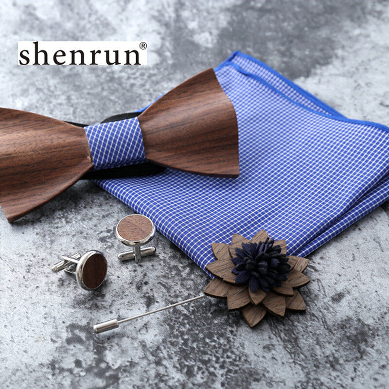 ShenRun-신제품 남성 수제 나무 나비 나비 넥타이 + 커프스 단추 + 손수건 세트, 웨딩 파티 액세서리, 남성 넥타이