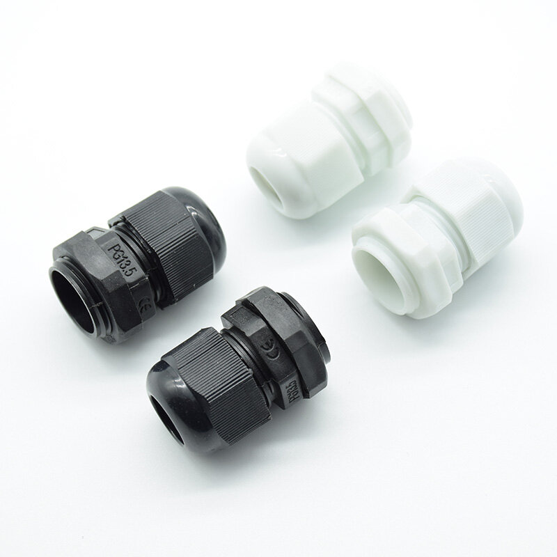 Impermeável Nylon plástico cabo Gland conector, branco e preto fio conector, IP68PG7, PG9, PG11, PG13.5, PG16, 3, 6, 14mm, 10pcs