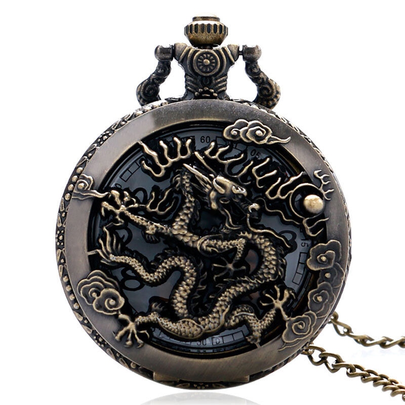 Jam Tangan Saku Quartz Liontin Steampunk Perunggu Naga Keren Tiongkok Retro dengan Kalung Jam Tangan Pria Reloj Mujer Fobs