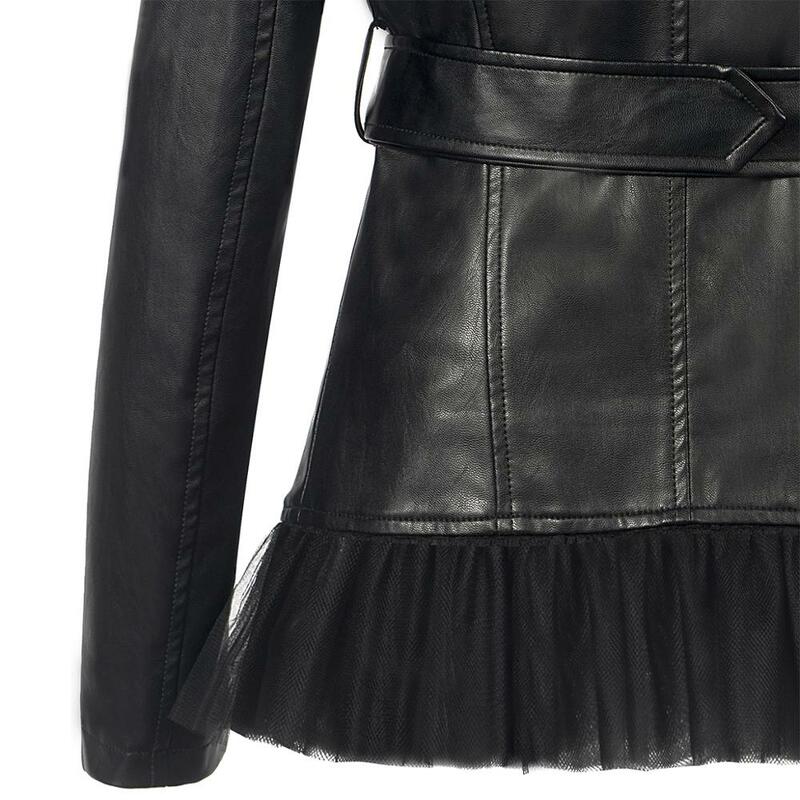 SX 2019 NEW Soft PU Faux leather Jacket Women Sashes Slim Lapel Lace zipping Beading Motocycle Coats