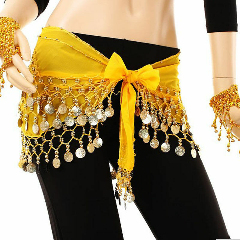 แฟชั่นชีฟอง Belly Dance อินเดียเต้นรำสะโพกผ้าพันคอ3แถวเหรียญเข็มขัดกระโปรงใหม่เต้นรำอุปกรณ์เสริม