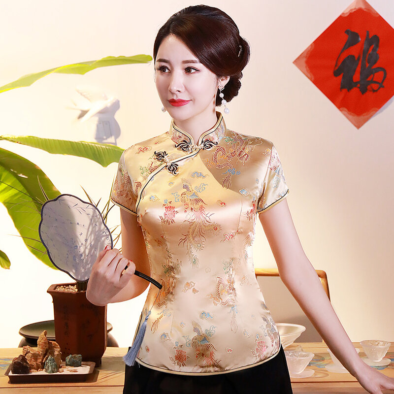 Blusa feminina cetim estilo chinês vintage, camisa de dragão feminina, roupa de casamento, tops clássicos tradicionais, grande, verão, 3XL, 4XL