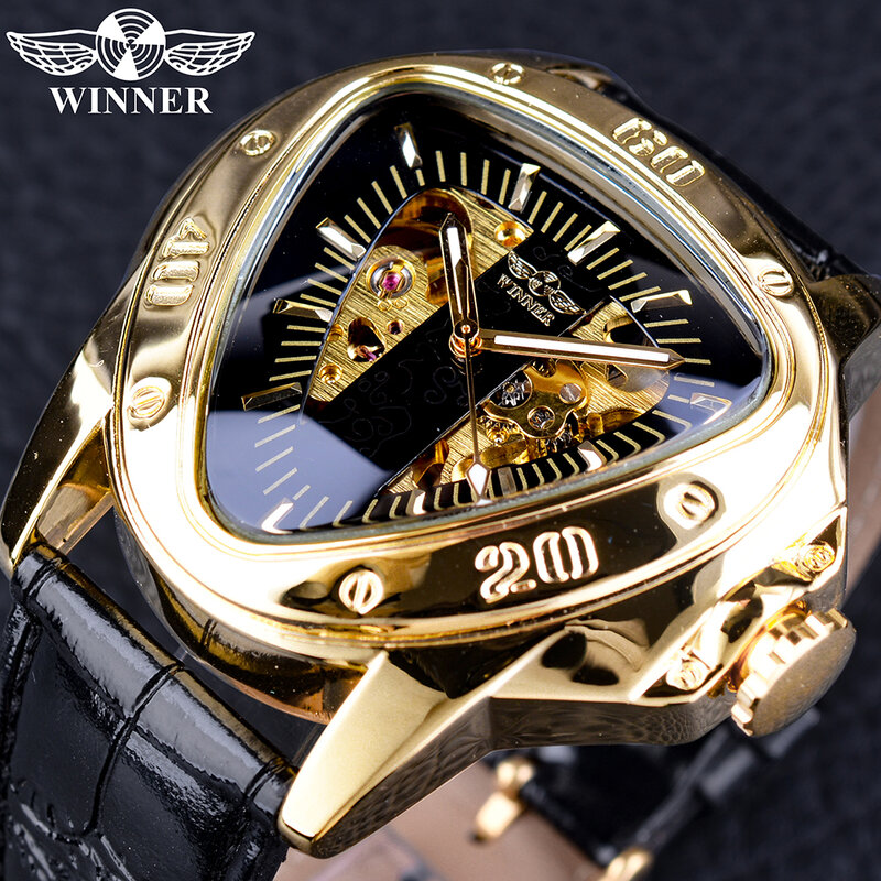 Jam tangan mekanis pria, arloji otomatis desain segitiga tali kulit mewah, jam tangan olahraga untuk pria