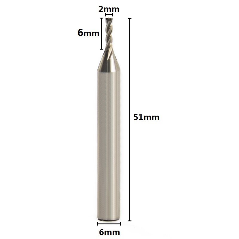 Broca de fresado HSS de 4 flautas, vástago de 6mm, broca de enrutador CNC, vástago recto, fresa de Metal, diámetro de 2mm, 1 pieza
