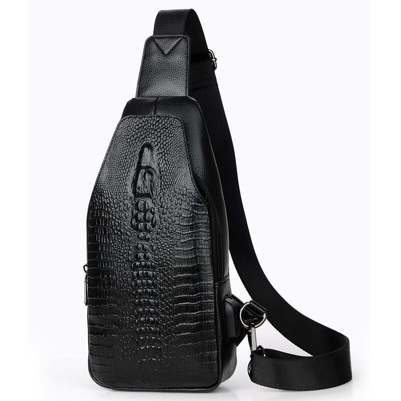 New Men Chest Bag Messenger Bag Leather USB Charging Chest Pack Alligator Casual Crossbody Bag Male Crocodile Pattern Sling Bags