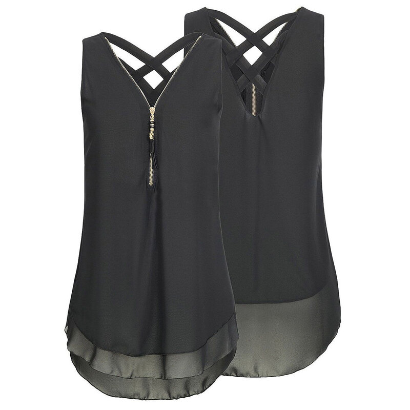 2020 New Summer Women blouse Ladies Loose Sleeveless Tank Tops Cross Back Hem Layed Zipper V-Neck Shirt Tops