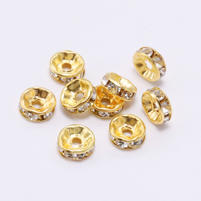50/100pcs 4 6 8 10mm Gold Color Rhinestone Rondelles Crystal Bead Loose Spacer Beads for DIY Jewelry Making Accessories Supplies