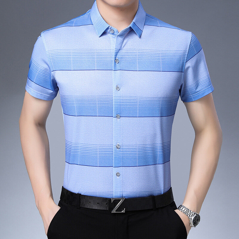 Verano de manga corta a rayas camiseta marca Giro-abajo Collar de Camisa Social Hombre Casual de negocios Formal para hombres ropa