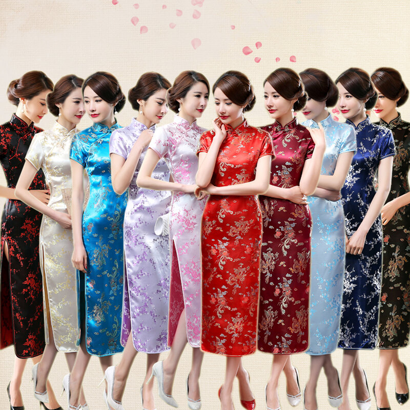 Gaun Tradisional Cina Antik Wanita Murah dan Ukuran Besar Panjang Ramping Cheongsam Qipao 6XL Gaun Pernikahan Pengantin Merah Gaun Formal