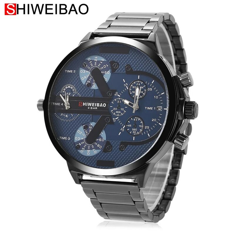 Big Watch Men Luxury Quartz Sport Military Mens Watches Full Black Steel Watchband Clock Man 2 Time Zones DZ Relogio Masculino