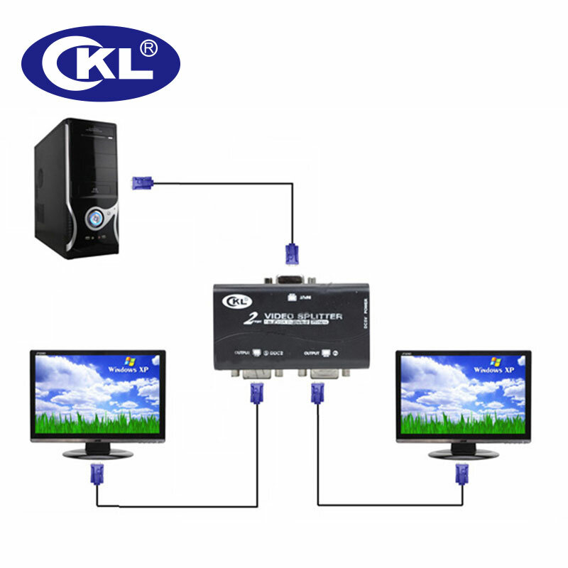 CKL 2 또는 4 포트 검정색 VGA 분배기 복사기 지원 DDC DDC2 DDC2B USB 전원 전송 최대 60M 벽걸이 형 ABS 케이스