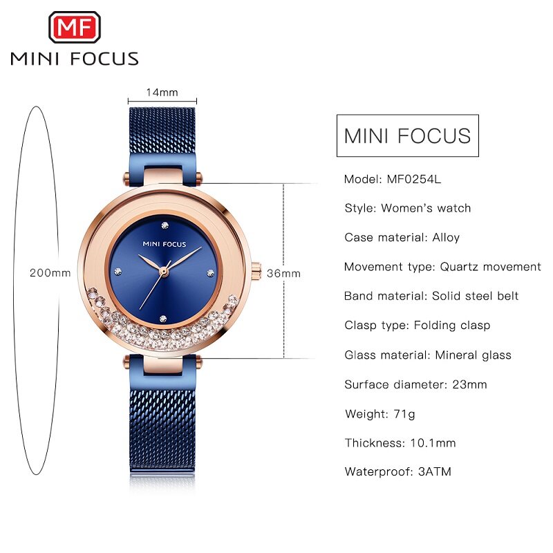 Mini focus 쿼츠 여성 시계 럭셔리 스테인레스 스틸 레이디 블루 드레스 시계 브랜드 걸스 패션 아날로그 방수 손목 시계