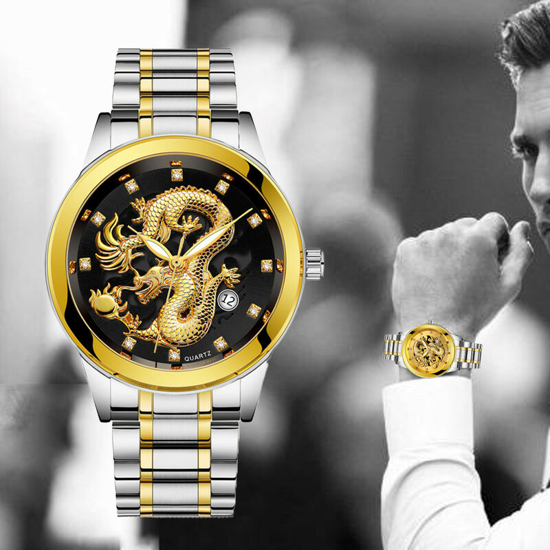 Relógio de Ouro dos homens de luxo À Prova D' Água de Prata Dragão Esqueleto de Aço Inoxidável Relógio de Quartzo Relógios De Pulso Para Homens de Negócios do Sexo Feminino